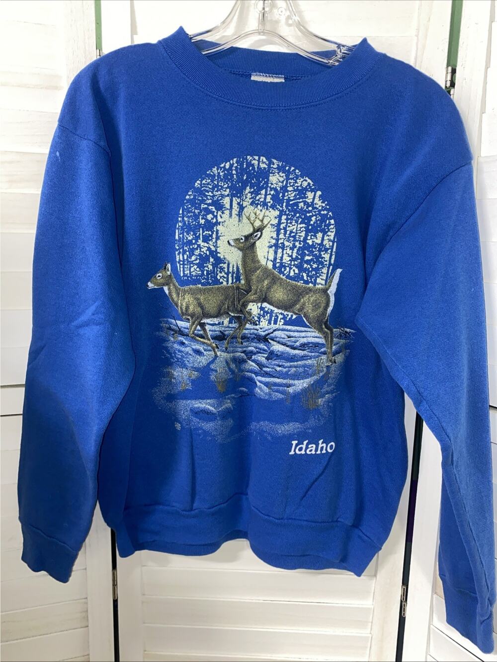 Vintage Tultex Idaho Sweatshirt Large Blue Pullover Long Sleeve Trees Deer Moon